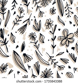 seamless pattern with abstract flowers in sketch style. Scribble floral endless wallpaper. Floral backdrop. Design for fabric, textile print, wrapping paper, cover. Vector illustration