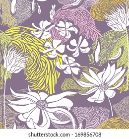 Seamless pattern with abstract flowers and spots in pastel colors