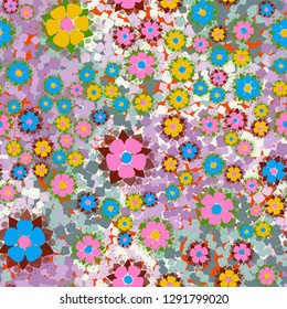 Seamless pattern. Abstract flowers. Spring paints. 
The background consists of randomly scattered rounded squares. Easy to edit.