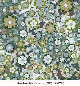 Seamless pattern. Abstract flowers. Spring paints. 
The background consists of randomly scattered rounded squares. Easy to edit.