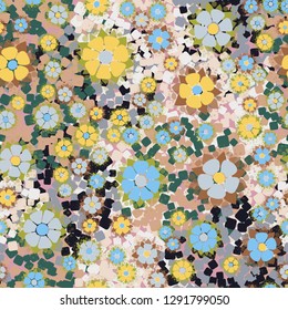 Seamless pattern. Abstract flowers. Spring paints. 
The background consists of randomly scattered rounded squares. Easy to edit.