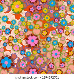 Seamless pattern. Abstract flowers. Spring paints.
The background consists of five-pointed stars, circles and transitional figures. Easy to edit. 