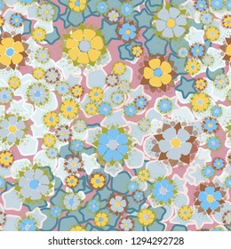 Seamless pattern. Abstract flowers. Spring paints.
The background consists of five-pointed stars, circles and transitional figures. Easy to edit. 