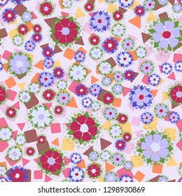 Seamless pattern. Abstract flowers. Spring paints.
Background consisting of chaos of triangles and squares. Editable.