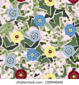 Seamless pattern. Abstract flowers. Spring paints.
The background consists of acute-angled fragments. Editable.