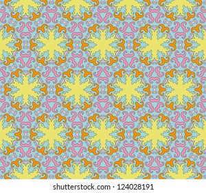 Seamless pattern with abstract flowers and stars in yellow, blue, pink and orange