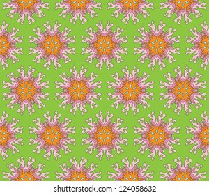 Seamless pattern with abstract flowers and stars in green, pink, orange and blue
