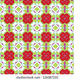 Seamless pattern with abstract flowers and stars in green, red, pink