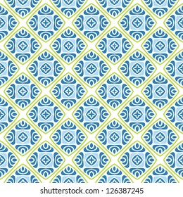 Seamless pattern with abstract flowers and stars in blue, white and green
