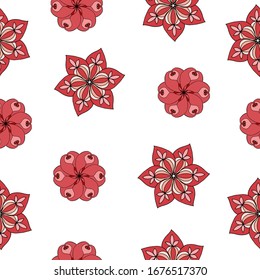  Seamless pattern of abstract flowers and stars on a white background. Vector illustration with red and pink elements with black outline for textile, announcements, postcards, invitations, posters.
