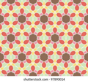 Seamless pattern with abstract flowers and stars in pink, orange, brown, green, yellow
