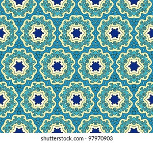 Seamless pattern with abstract flowers and stars in blue and green