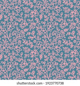 Seamless pattern with abstract flowers, with stems, buds and leaves silhouette. Background with blossoming outline flowers. Vintage floral hand drawn wallpaper. Vector stock illustration.