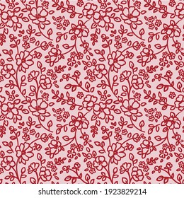 Seamless pattern with abstract flowers, with stems, buds and leaves silhouette. Background with blossoming outline flowers. Vintage floral hand drawn wallpaper. Vector stock illustration.