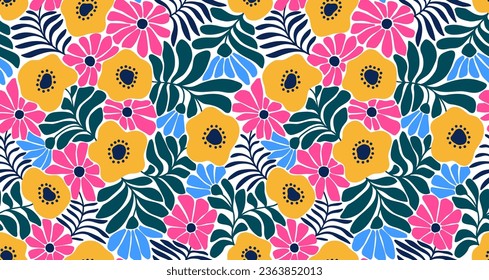 Seamless pattern  with abstract flowers. Summer abstract floral textile vintage print. Retro hippie floral pattern. Trendy background in 70s style. Groovy cartoon flat vector art illustration. 