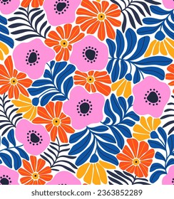 Seamless pattern  with abstract flowers. Summer abstract floral textile vintage print. Retro hippie floral pattern. Trendy background in 70s style. Groovy cartoon flat vector art illustration. 