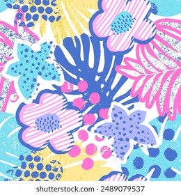 Patrón sin fisuras con flores abstractas y livas tropicales. Textura creativa para tela, envoltura, textil, Fondo de pantalla, ropa. Ilustración vectorial 