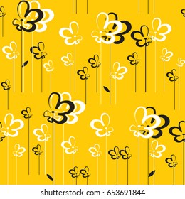 Seamless pattern with abstract flowers. Vector graphic illustration for background, wallpaper. Image in yellow, black and white colors.  