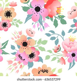 Seamless pattern with abstract flowers in vintage style on a white background. Can be used as greeting card, invitation, birthday, textiles, wallpaper or wrapping paper.
