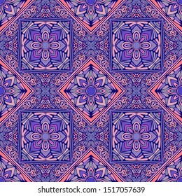 Seamless pattern. Abstract flowers. Violet, blue, red, pink, yellow.