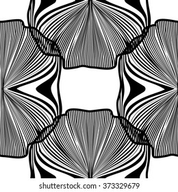 Seamless pattern with abstract flowers and wavy stripes. Floral abstract repeating vector background. Monochrome contemporary graphic design