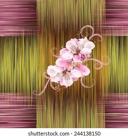 Seamless pattern with abstract flowers in white,pink colors on grunge striped background