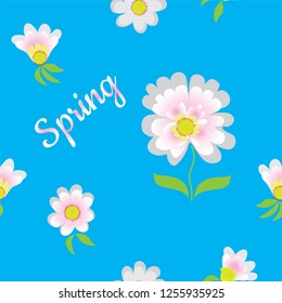 Seamless pattern with abstract flowers and word spring in white,pink, blue colors for web design