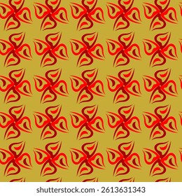 Seamless pattern, abstract flower-shaped figures in red and burgundy tones, arranged symmetrically on a golden background. Vector design, for printing on paper and fabrics.