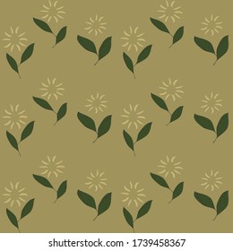 Seamless pattern with abstract flower-shaped petals and green leaves on a beige background.