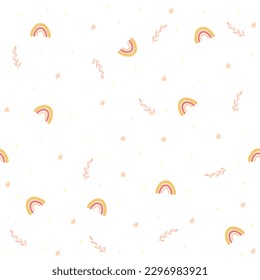 seamless pattern with abstract flowers,rainbows and butterflies,childish print for wallpaper,kids fabric,nursery interior,pastel baby shower illustration in doodle style,white background.