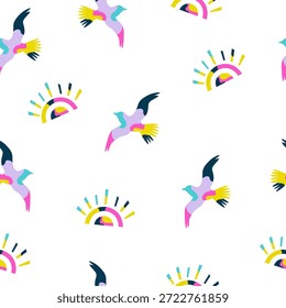 Patrón sin fisuras de pájaros voladores Abstractas e iconos de Sunburst en estilo de arte Pop. Gaviota vibrante y gráfico de la salida del sol