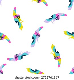Patrón sin fisuras de pájaros tucanes voladores Abstractas con vibrantes Colores de arte Pop. Ilustración vectorial tropical artística moderna del tucán