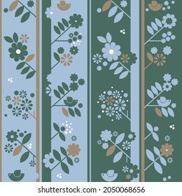 Seamless pattern of an abstract forest with trees, birds, flowers. Calm colors and tones in the "Forest of Dreams" pattern. Modern style, fashion trends. Can be used for your design.