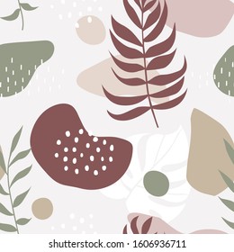 Seamless pattern with abstract forms and leaves ornament