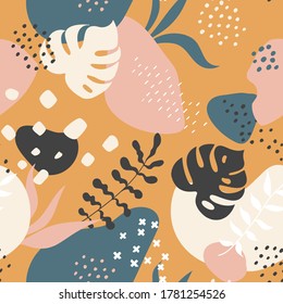Seamless pattern with abstract forms and leaves ornament