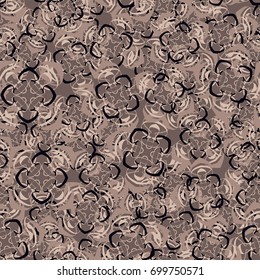 Seamless pattern. Abstract four-color figures with four-sided symmetry in random order. Beige-brown tones and black.