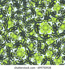 Seamless pattern. Abstract four-color figures with four-sided symmetry in random order. Green gray tones.