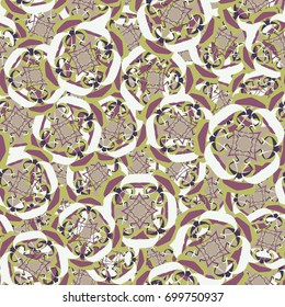 Seamless pattern. Abstract four-color figures with four-sided symmetry in random order. White, pink gray tones, khaki, purple-gray.