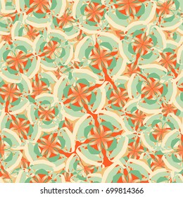 Seamless pattern. Abstract four-color figures with four-sided symmetry in random order. Orange, green, beige tones.