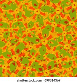 Seamless pattern. Abstract four-color figures with four-sided symmetry in random order. Green, yellow, orange, dark red tones.