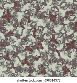 Seamless pattern. Abstract four-color figures with four-sided symmetry in random order. Beige, green, beige tones.