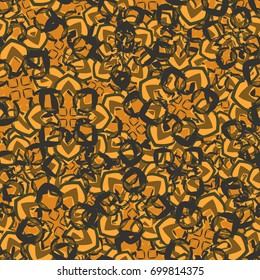 Seamless pattern. Abstract four-color figures with four-sided symmetry in random order. Beige, green, beige tones.