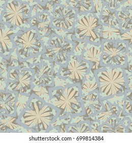Seamless pattern. Abstract four-color figures with four-sided symmetry in random order. Beige, green, blue pale tones.