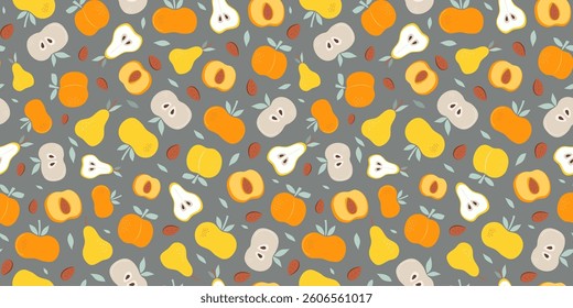 Seamless pattern abstract fruits. Apple, pear, peach, apricot.  Vitamin natural food, slices and whole fruits. Color vector repeating background.