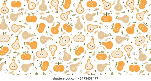 Seamless pattern. Abstract fruits and autumn leaves. Colored icons of juicy fruits whole and slices. Apple, pear, plum, peach. Harvest Festival, Thanksgiving Day. Vector background, wallpaper decor.