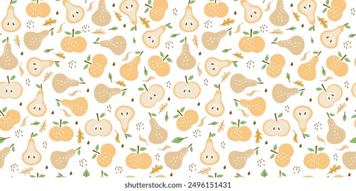 Seamless pattern. Abstract fruits and autumn leaves. Colored icons of juicy fruits whole and slices. Apple, pear, plum, peach. Harvest Festival, Thanksgiving Day. Vector background, wallpaper decor.