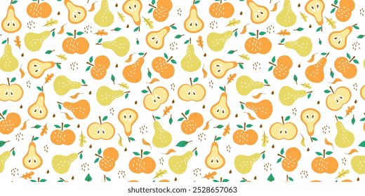 Seamless pattern. Abstract fruits and autumn leaves. Colored icons of juicy fruits whole and slices. Apple, pear, plum, peach. Harvest Festival, Thanksgiving Day. Vector background, wallpaper decor.