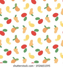 Seamless pattern with abstract fruits on a white background. Hand drawn vector illustration. Spotted apple and orange and pear and banana and tangerine.