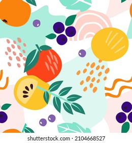 Seamless pattern of abstract fruits on a background of simple shapes. Apple, orange, berries, bright summer mood. Contemporary print for juice packaging, healthy vegan food. Vector graphics.