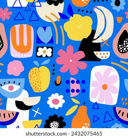 Seamless pattern with abstract fruits, shapes, eye, heart, flowers. Modern texture for fabric, textile, packaging. Vector illustration 